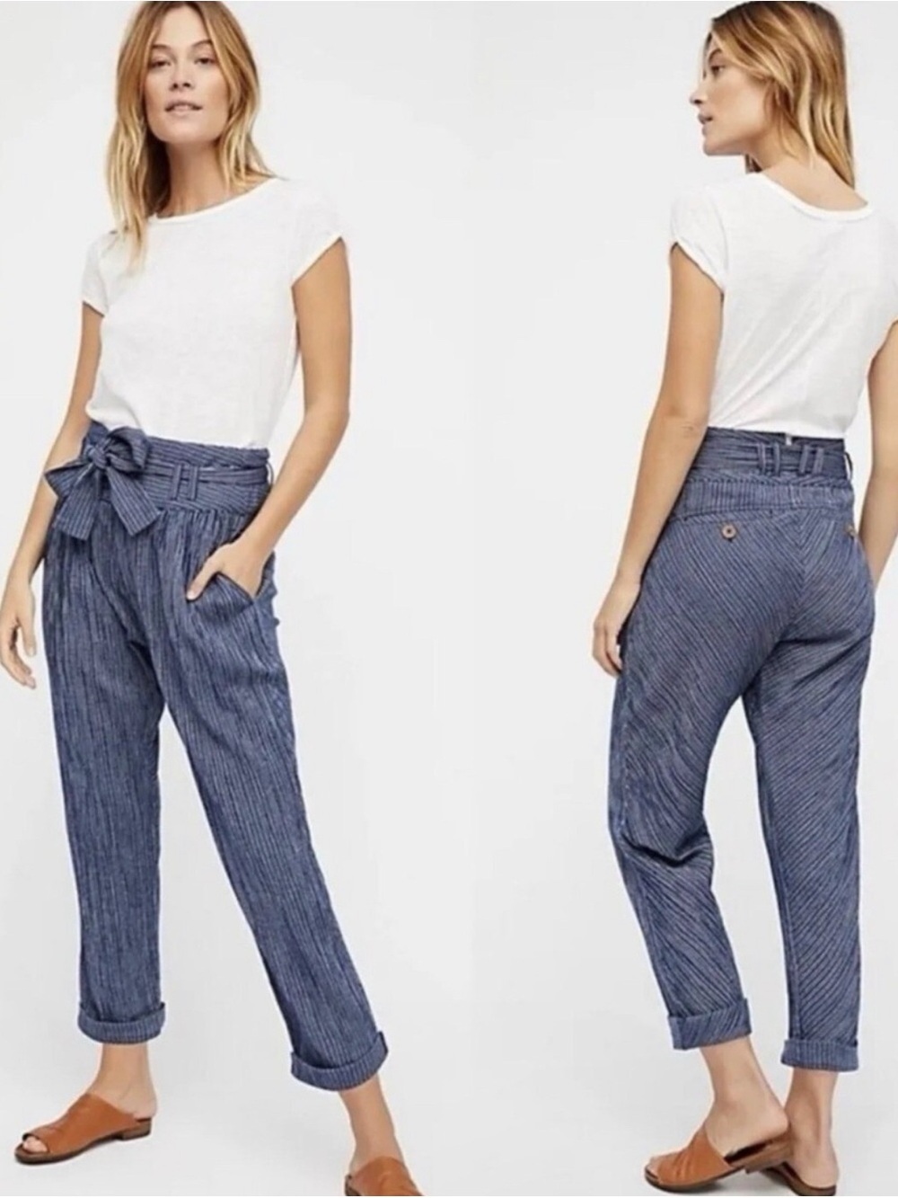 Free people blue striped paper bag pants Casual Pants with belt size 10